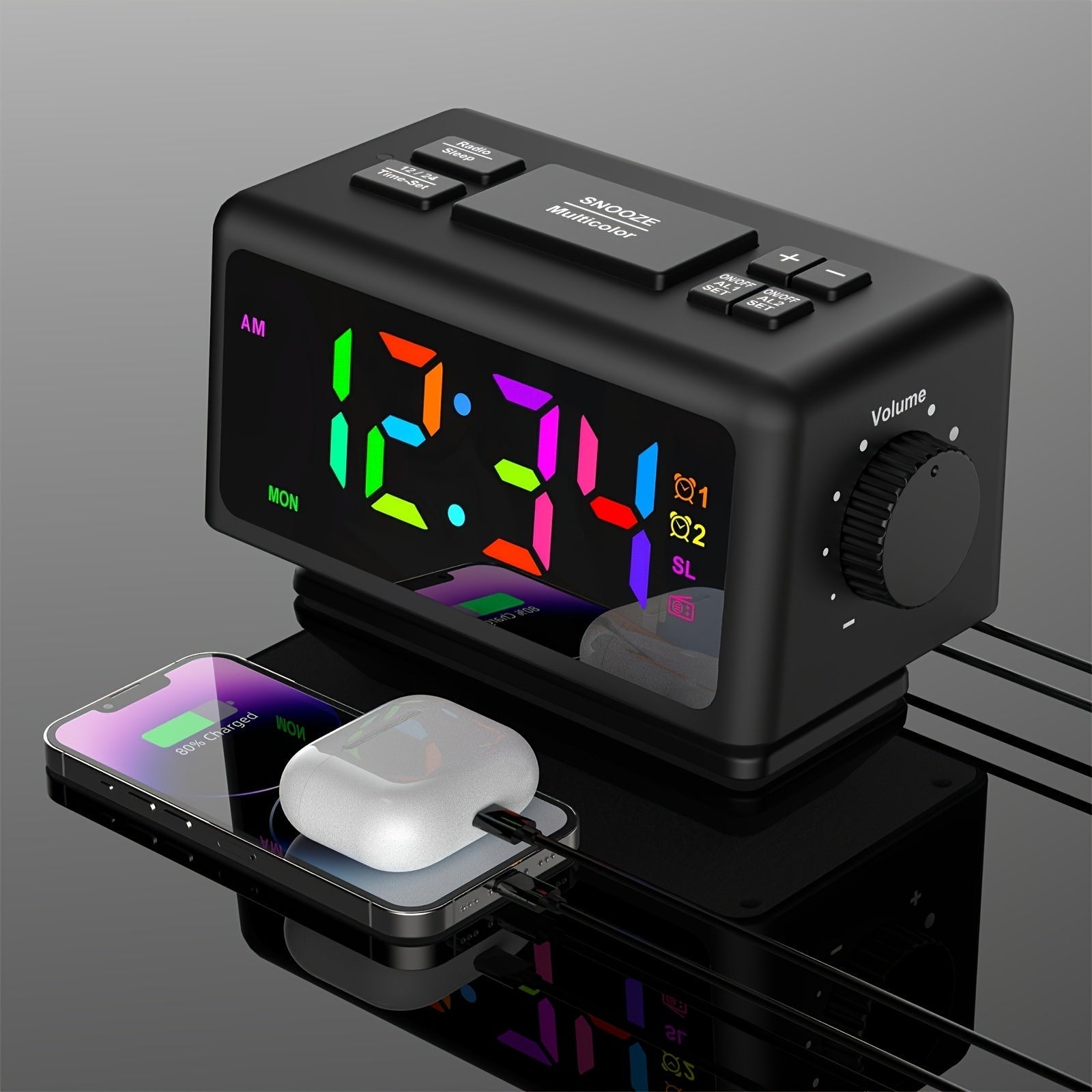 RGB Mirror Alarm Clock with LED Display and Radio Function – Trendy Clock for Your Room