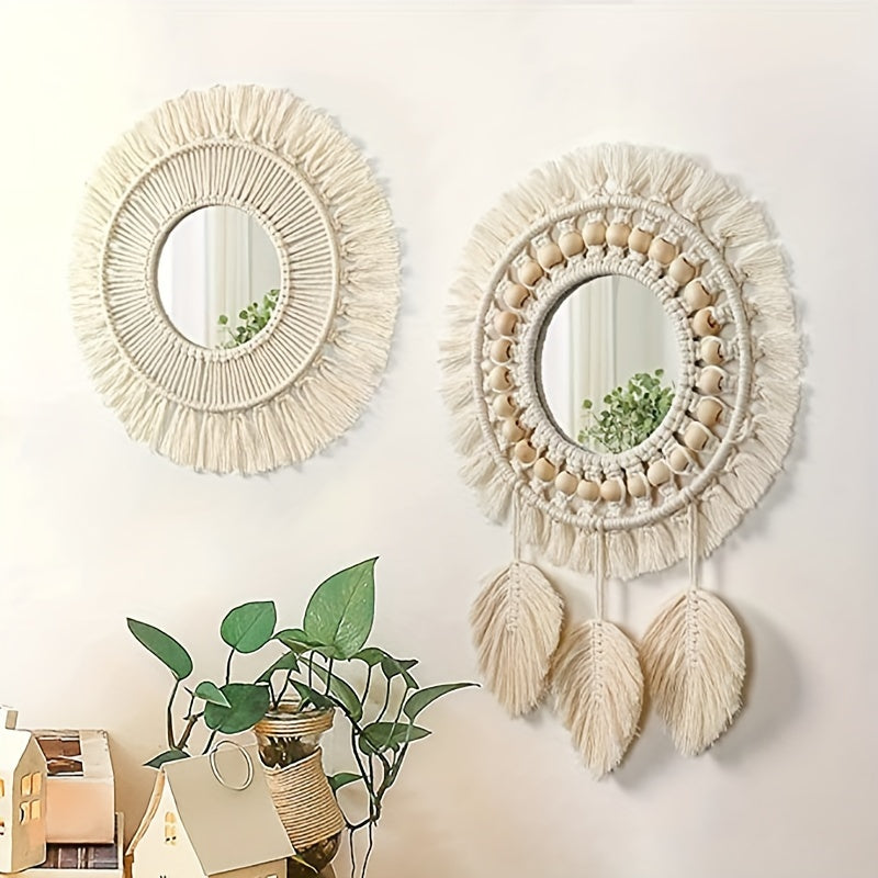 Boho Macramé Wall Mirror with Fringes – Decorative Mirror with Beads and Feathers