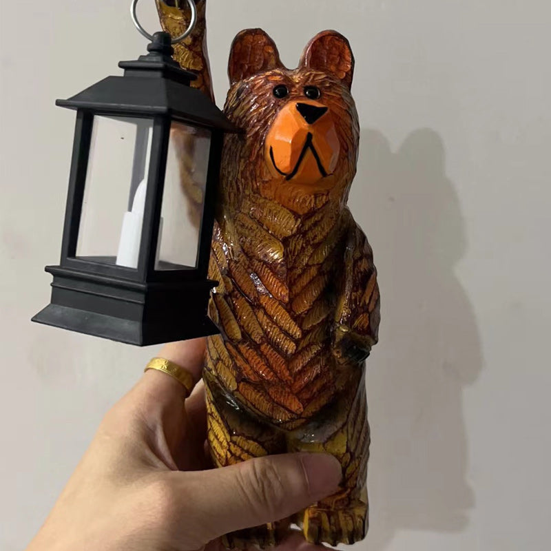 Cedar Carved Bear with Solar Lantern