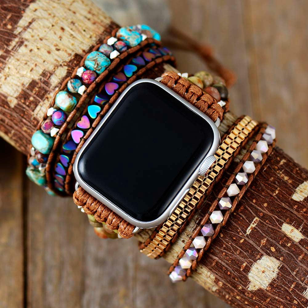 Boho & Co Bohemian Beaded Apple Watch Strap – Sustainable Leather Accessory with Natural Stones