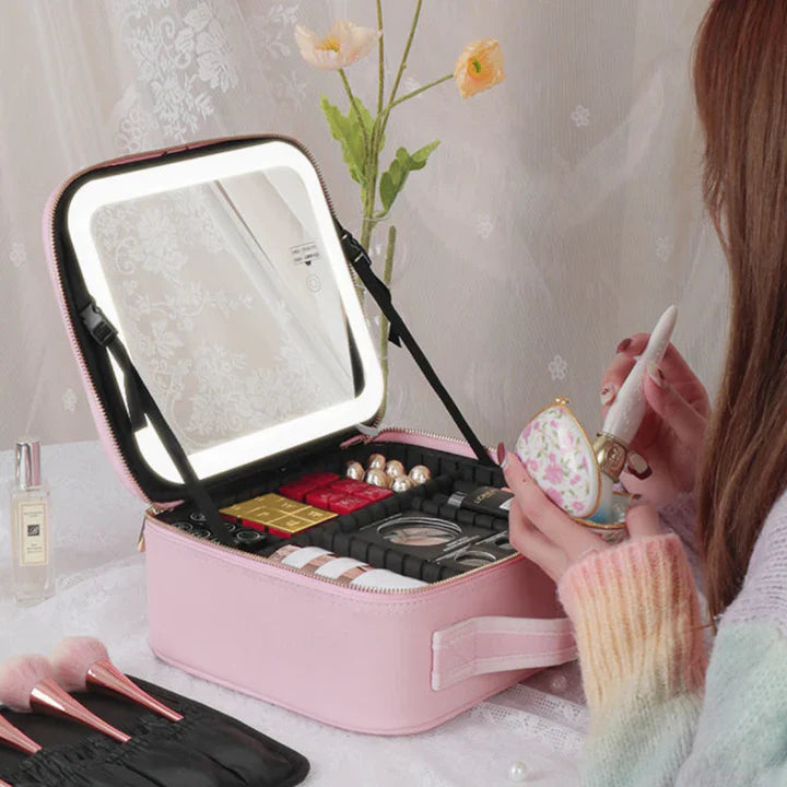 GlowLuxe LED Vanity Case | Portable beauty organizer with adjustable LED mirror for flawless