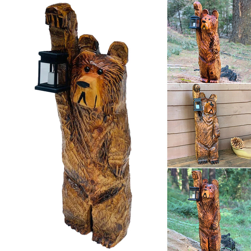 Cedar Carved Bear with Solar Lantern