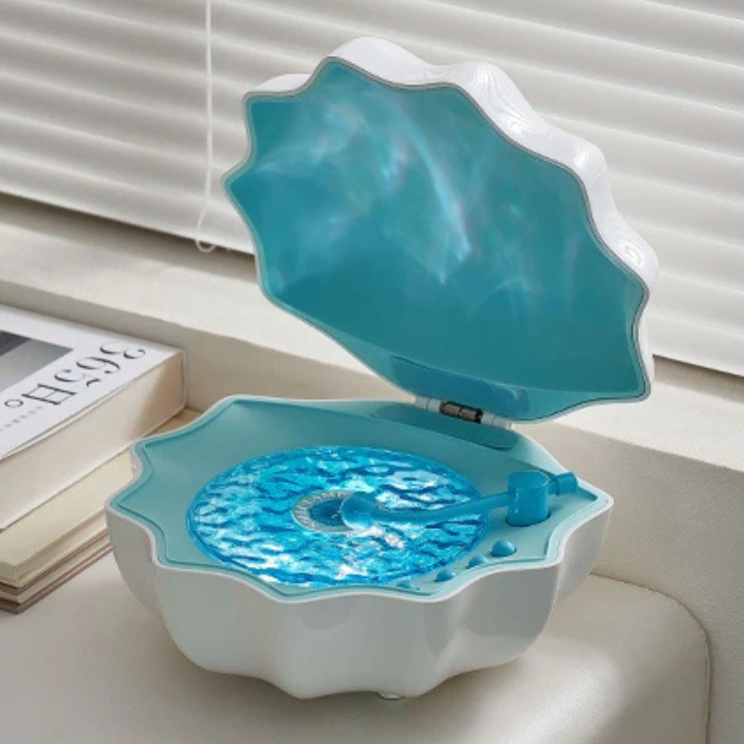 AquaAura Shell Lamp Speaker | Portable Bluetooth speaker with immersive ocean wave projection and ambient lighting