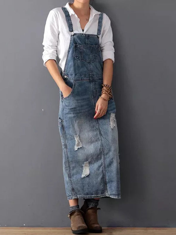 Rugslit Worn Denim Dungaree Dress