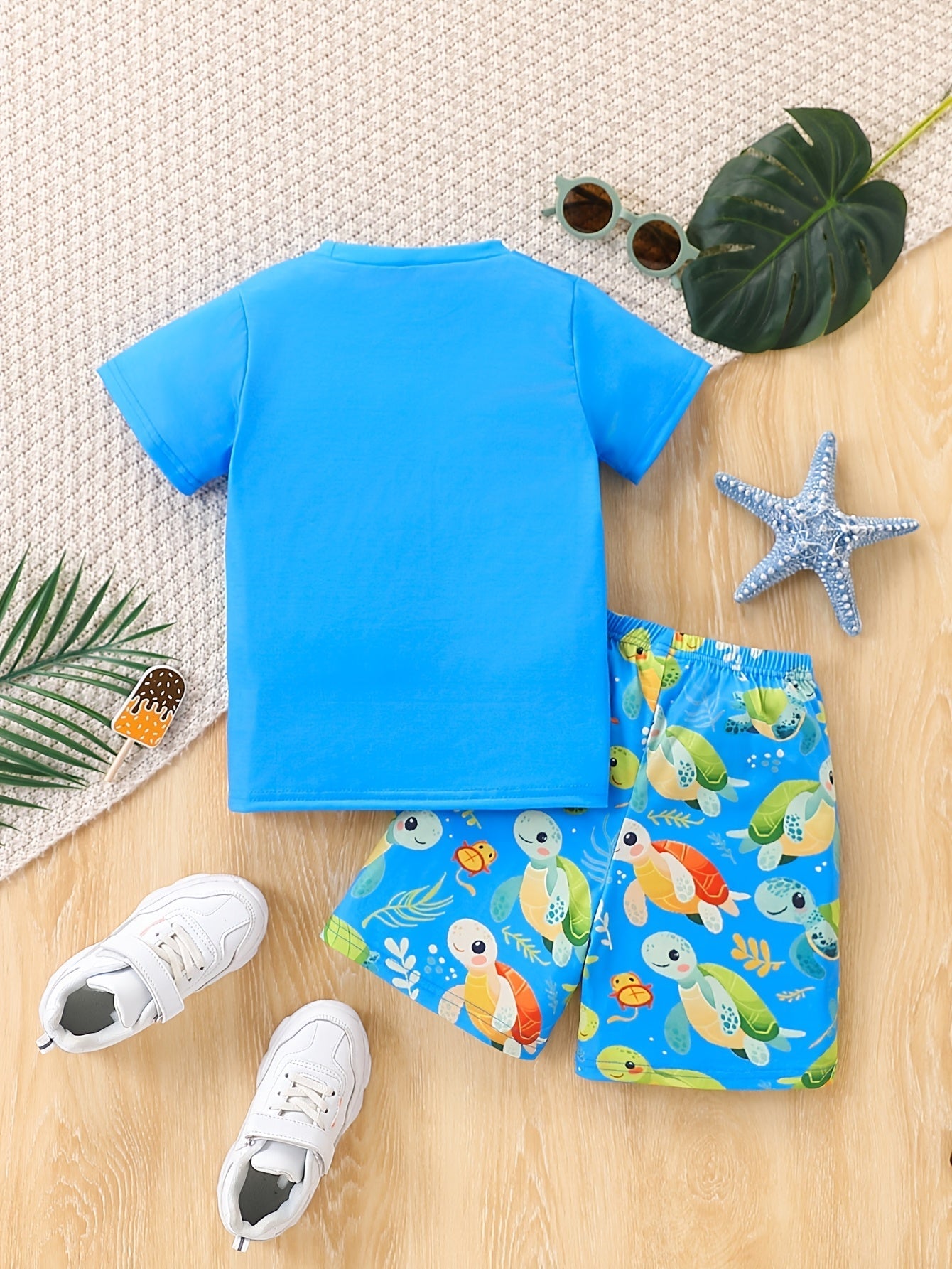 Turtle Print Summer Set – Casual T-Shirt and Shorts for Boys