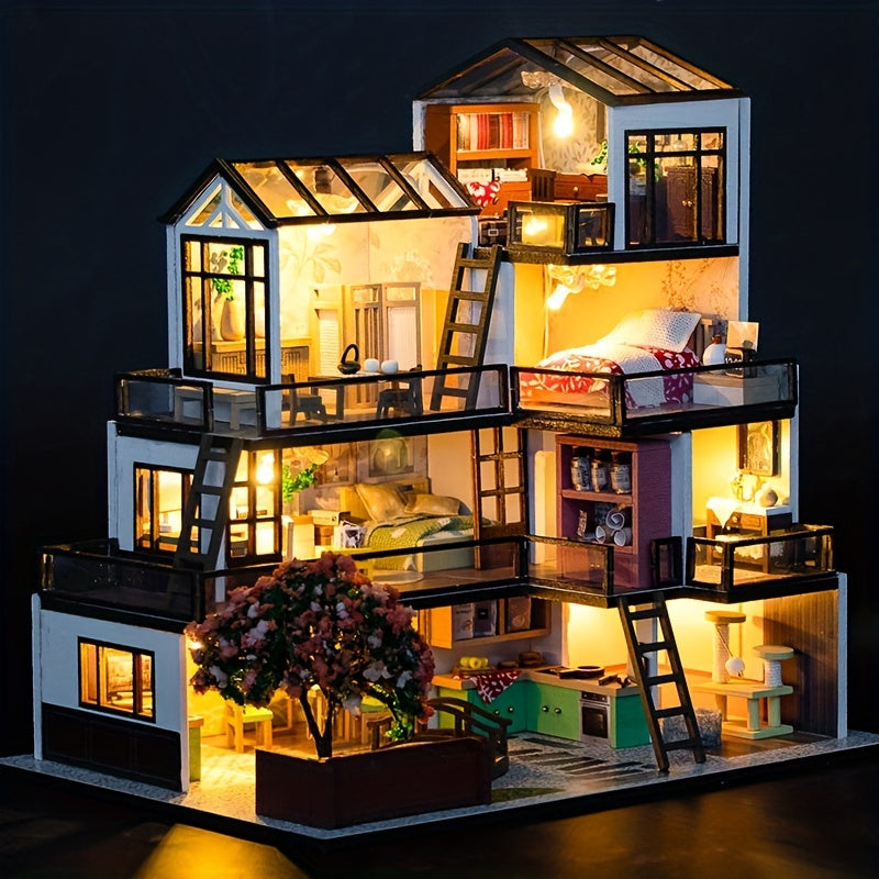 Miniature Villa 3D Puzzle Kit – Handmade Model with LED Lighting and Detailed Interior