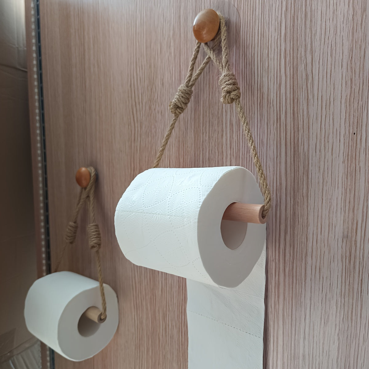 Rustic Toilet Paper Holder – Macramé Rope and Wooden Stick for Bathroom