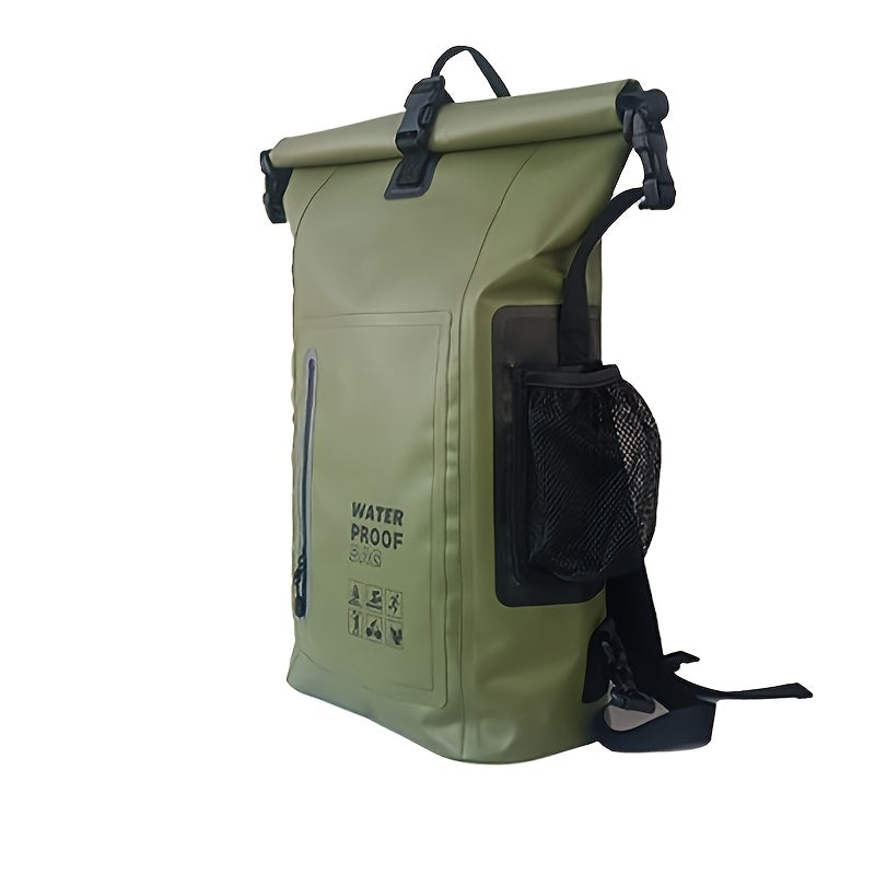 Waterproof 25L Roll-Top Rucksack with Multiple Pockets, Sturdy Buckle Seal, and Mesh Side Pocket