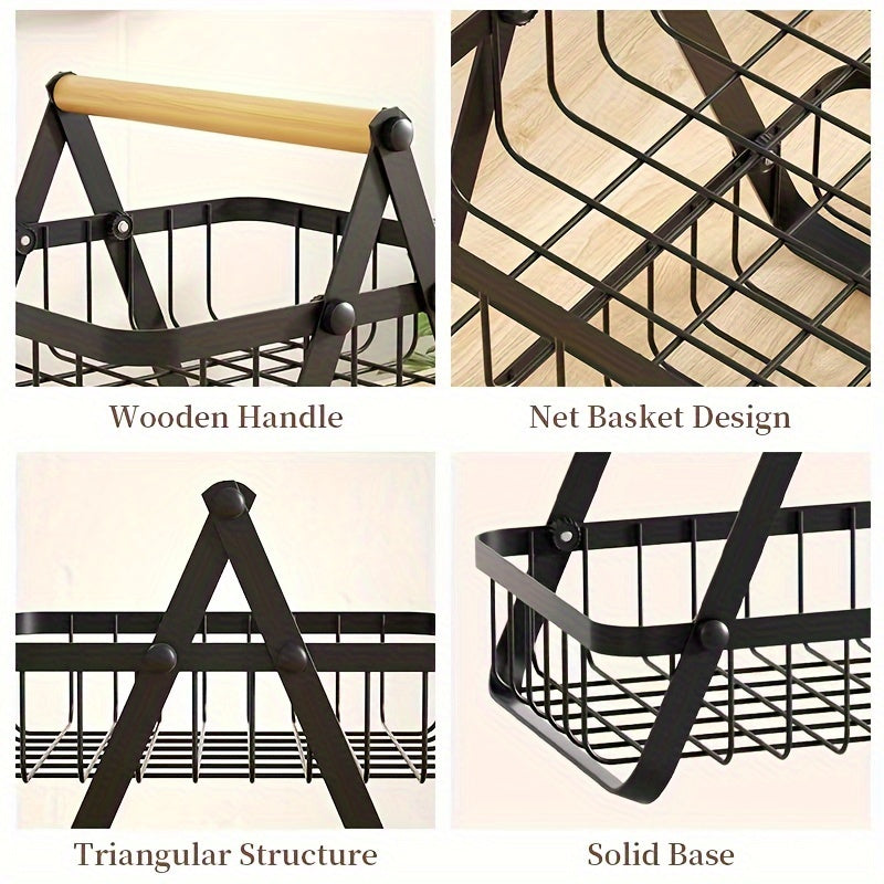 Two- and Three-Tier Storage Basket with Wooden Handle - Stylish Solution for Kitchen and Bathroom