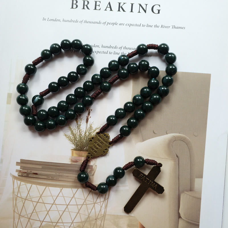 Moss Agate Saint Medal Cross Pendant Rosary Necklace – Celeste