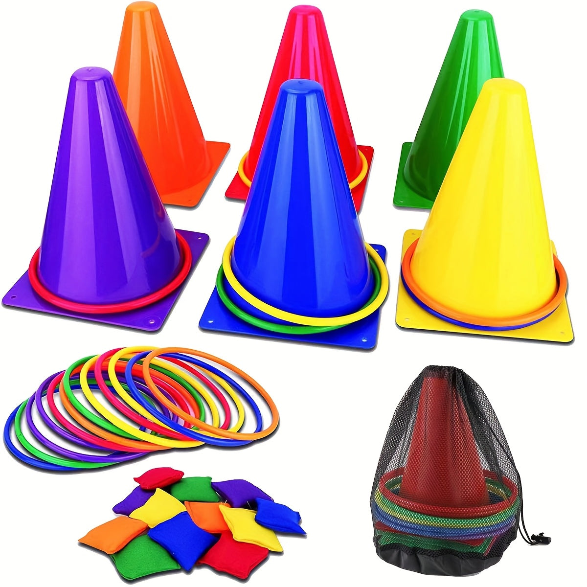 Colourful Ring Toss Set – Cones, Rings and Bean Bags for Family Fun