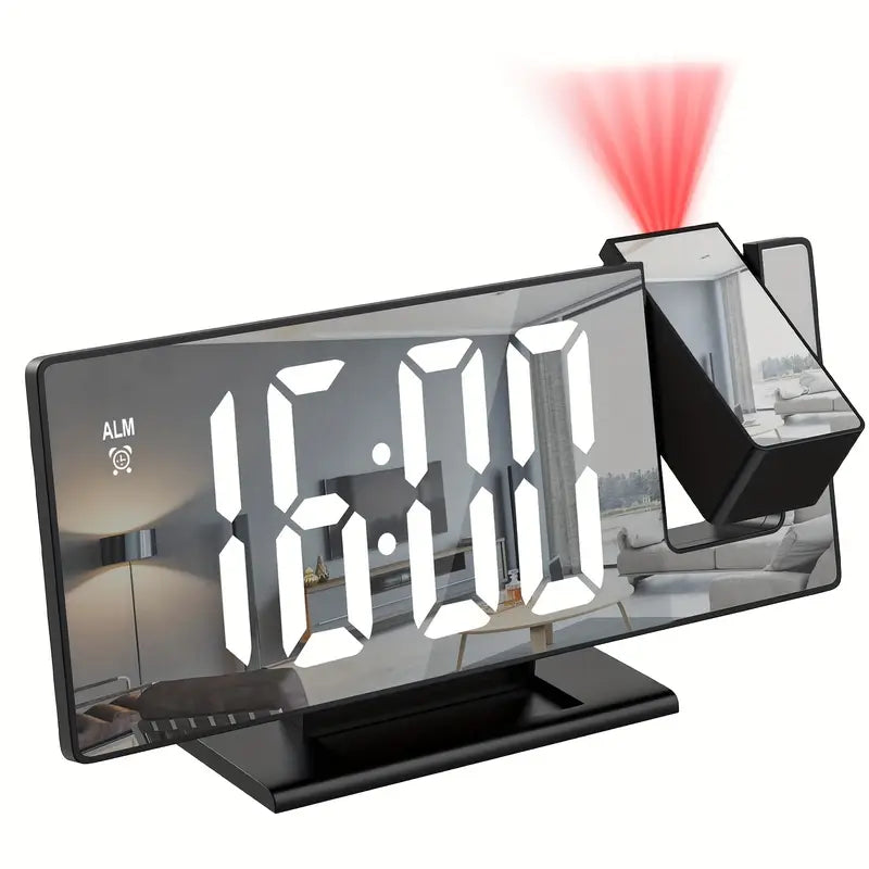 180° Adjustable LED Projection Alarm Clock – Snooze, 12/24H Time & Temperature Display, Mirror Design – USB Powered, Night Mode & Memory Function
