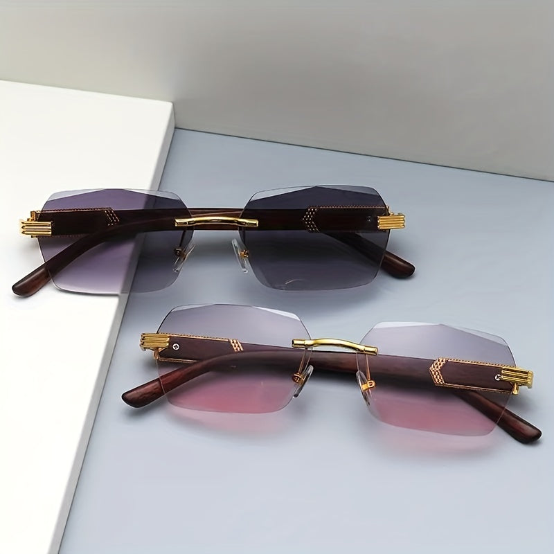 Rimless Sunglasses with Rectangular Lenses and Wooden Temples – Verro