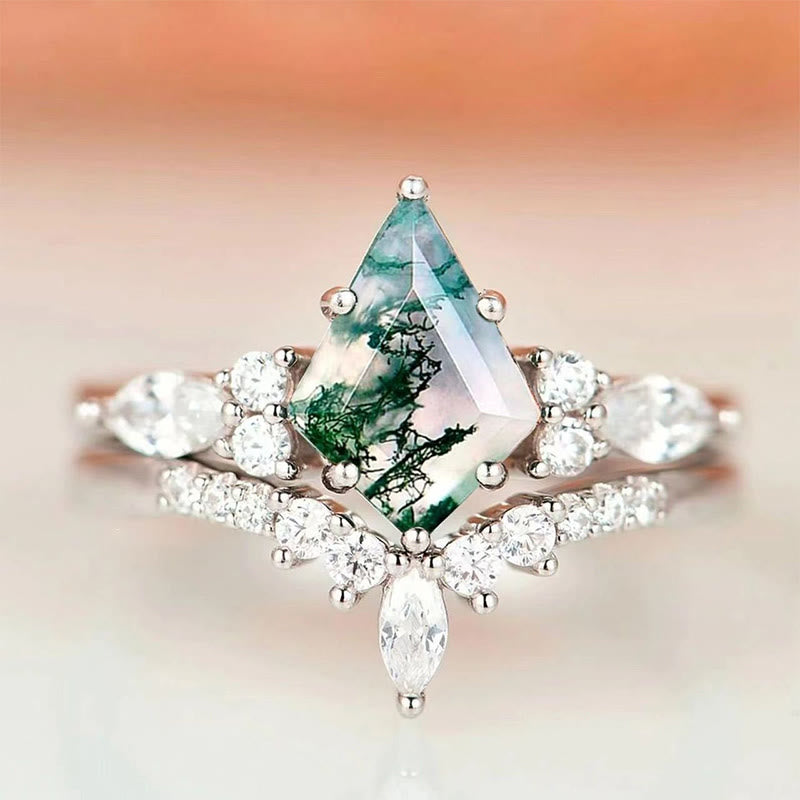 Stylish 2-Piece Moss Agate Ring Set - Serenia