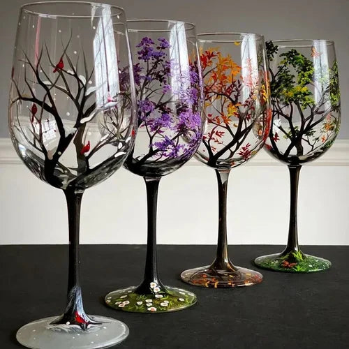 Sandsberg | Wine Glass Four Seasons Tree - Hand-Painted Art