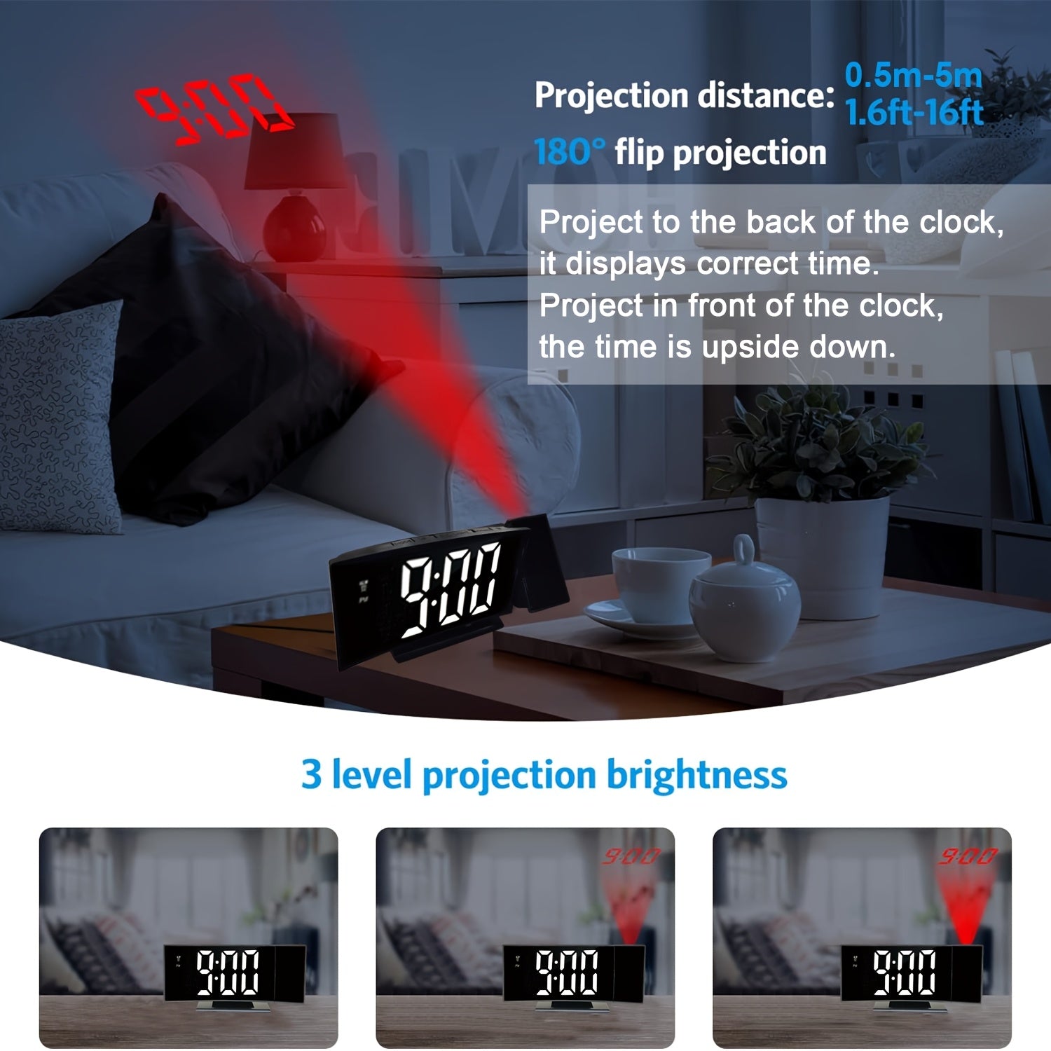 Digital Projection Alarm Clock – LED Display and Snooze Function with Adjustable Brightness