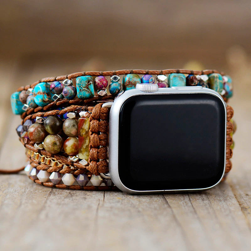 Boho & Co Bohemian Beaded Apple Watch Strap – Sustainable Leather Accessory with Natural Stones