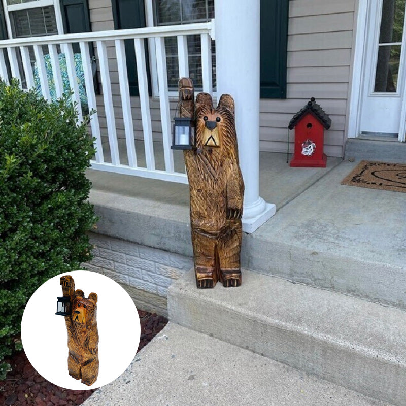 Cedar Carved Bear with Solar Lantern