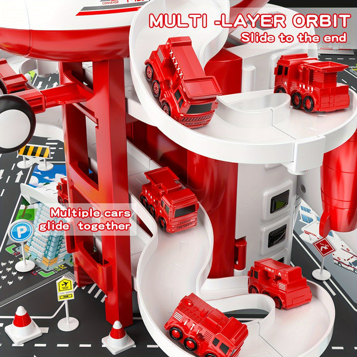 AdventurePlay Airplane and Fire Engine Set - Race Track and Garage Toy for Children