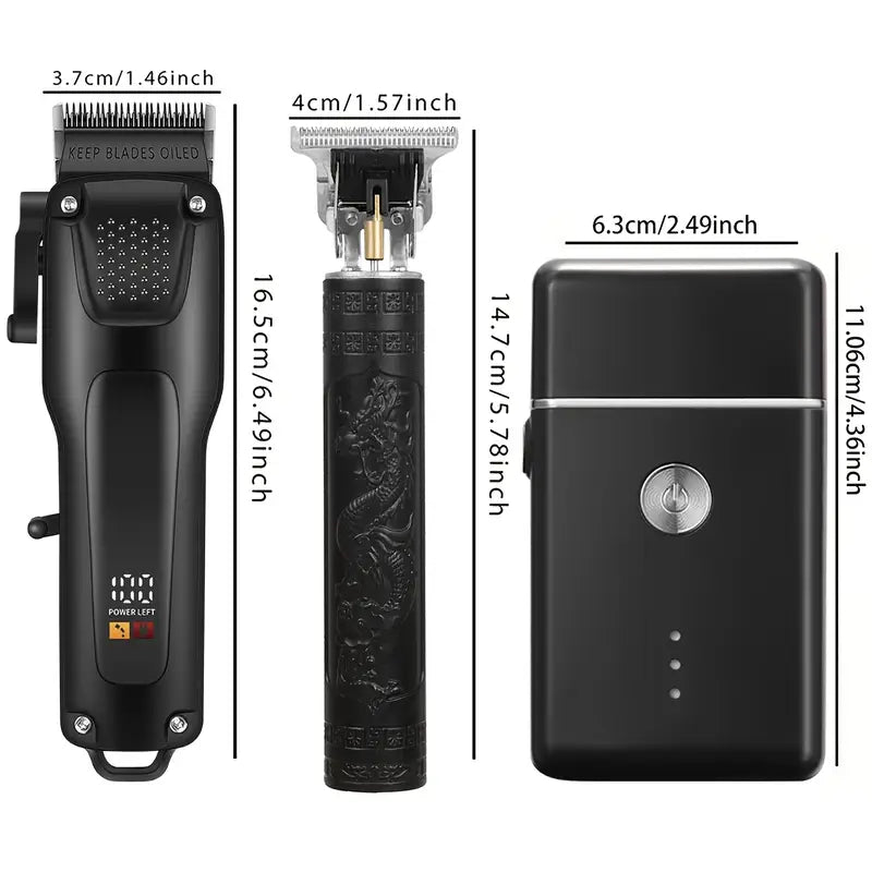 GroomMaster - 3-Piece Professional Hair and Beard Grooming Set for Men, Wireless Trimmers with LED Display, USB Rechargeable