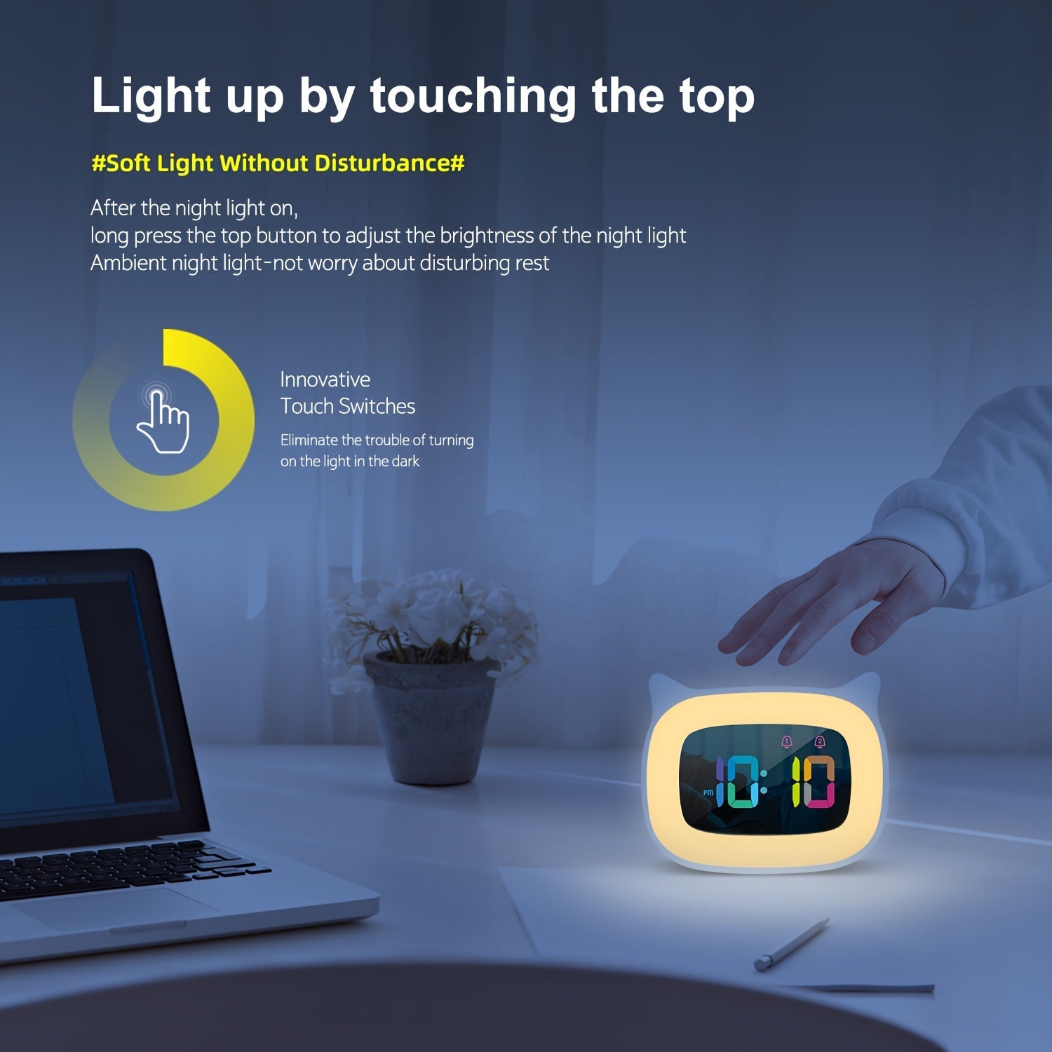 Cute Cat Ears Alarm Clock – RGB Night Light with 18 Melodies and USB Rechargeable