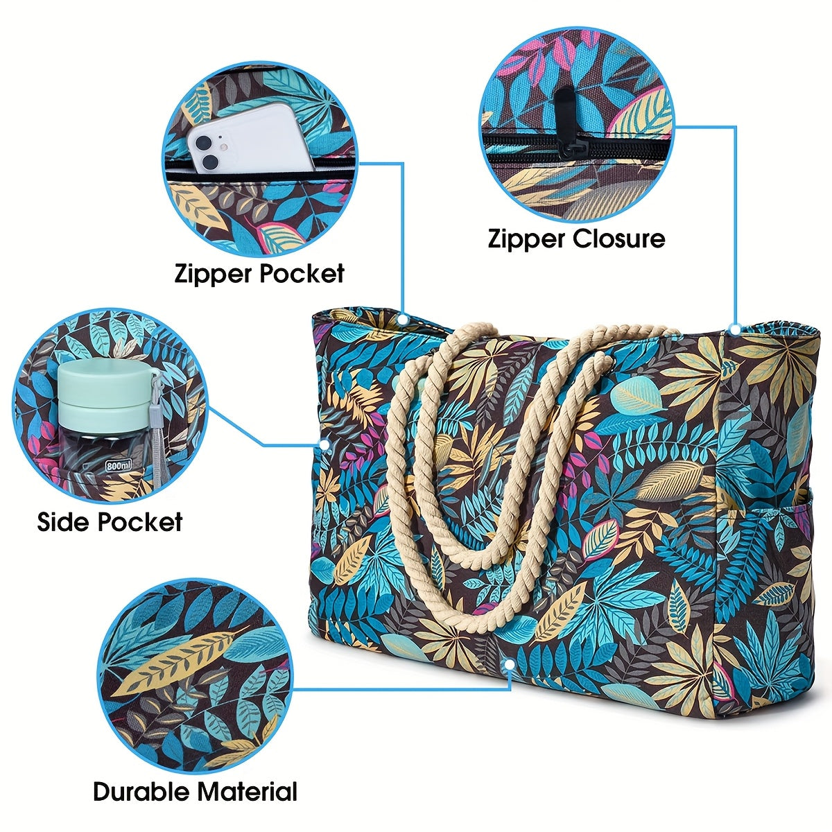 Trendy Large Beach Bag with Leaf Print - Spacious, Durable and Perfect for Holidays