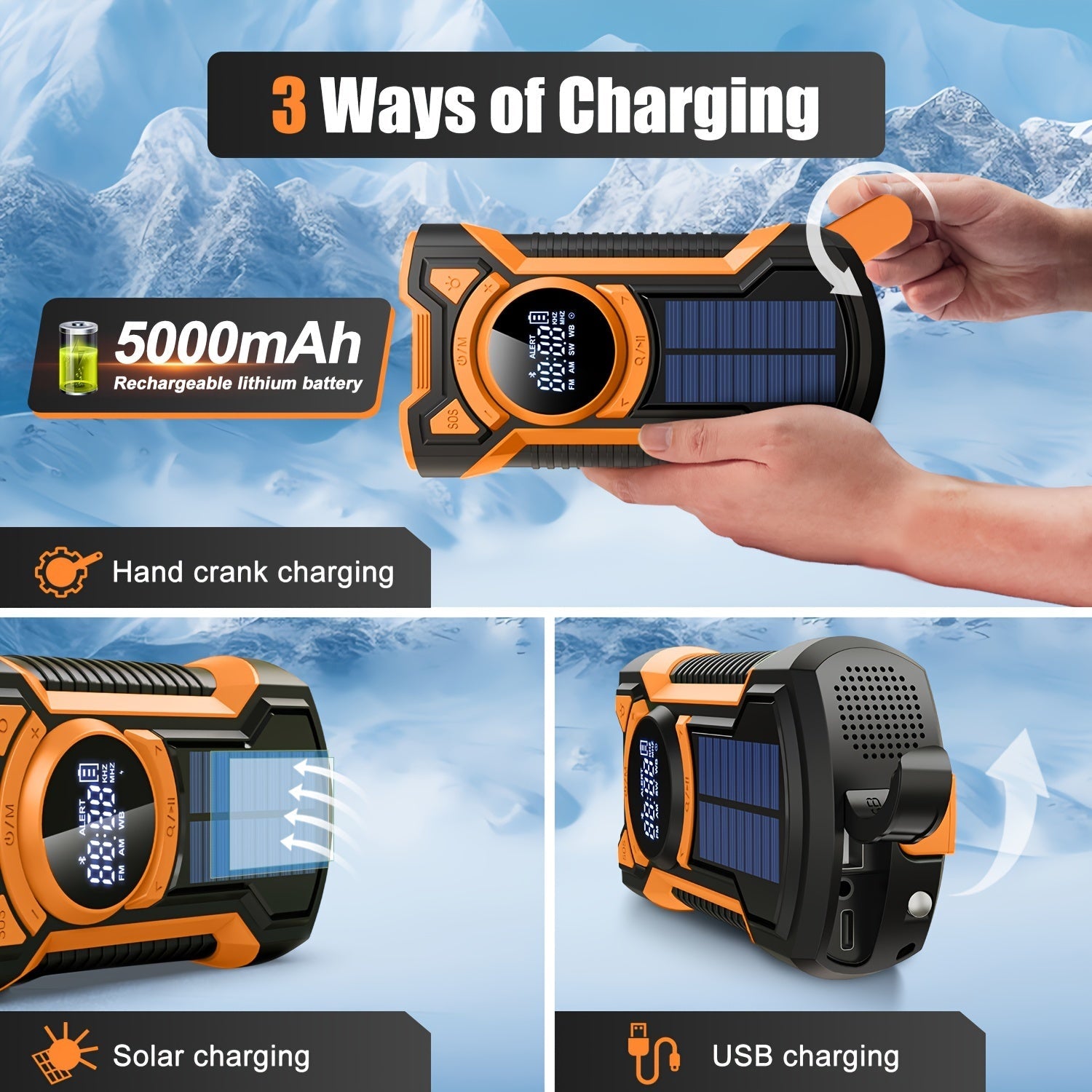 All-in-One Emergency Radio with Hand Crank and Solar Panel – For Camping and Emergencies