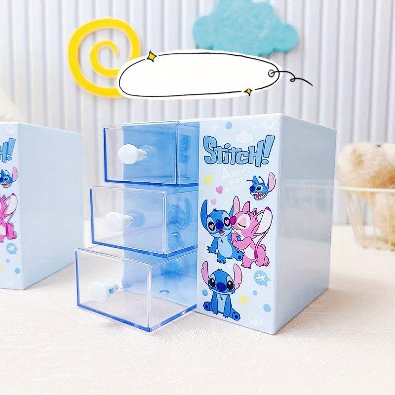 Disney Stitch Cartoon 3-Compartment Storage Box – Multifunctional Organiser for Desk, Jewellery, and Toys
