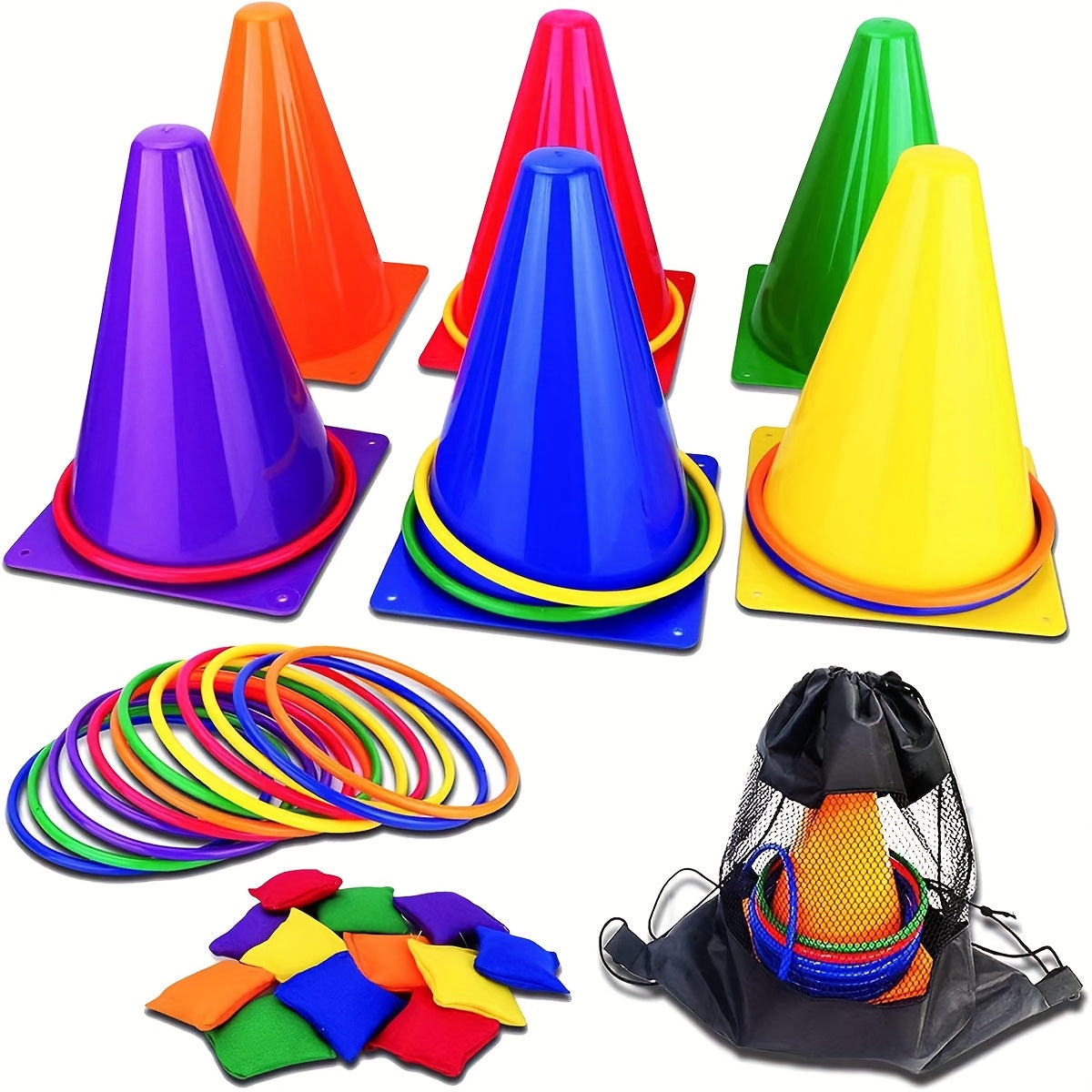 Colourful Ring Toss Set – Cones, Rings and Bean Bags for Family Fun