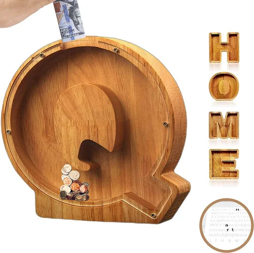 TreasureNest Coin Bank | Personalized wooden savings box in A-Z letter designs