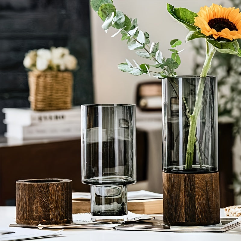 Luxury Glass Vase with Wooden Base - Elegant and Modern
