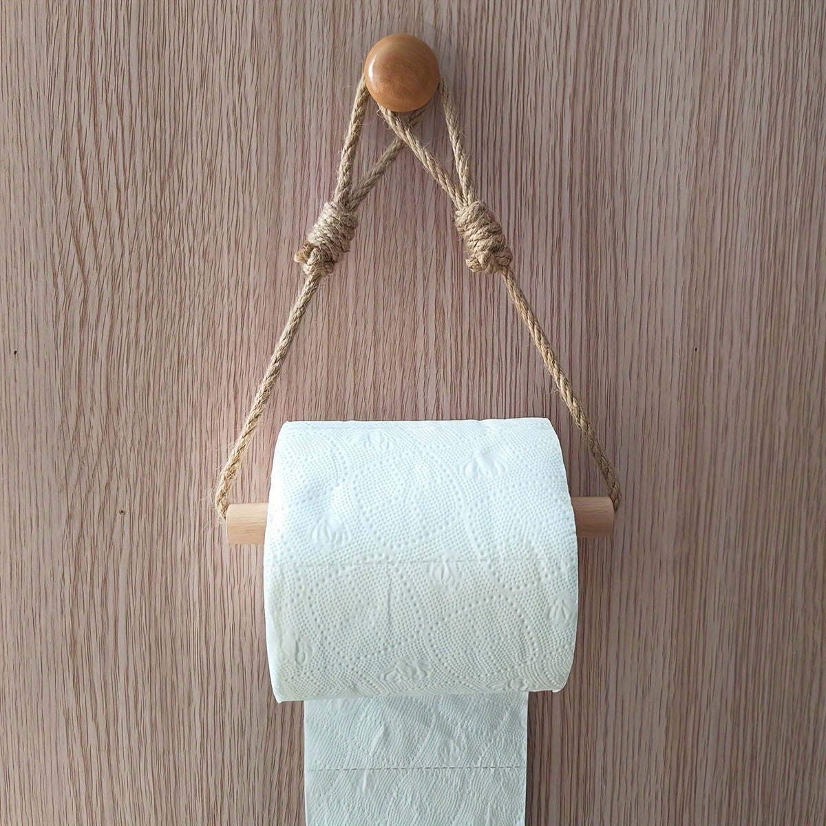 Rustic Toilet Paper Holder – Macramé Rope and Wooden Stick for Bathroom