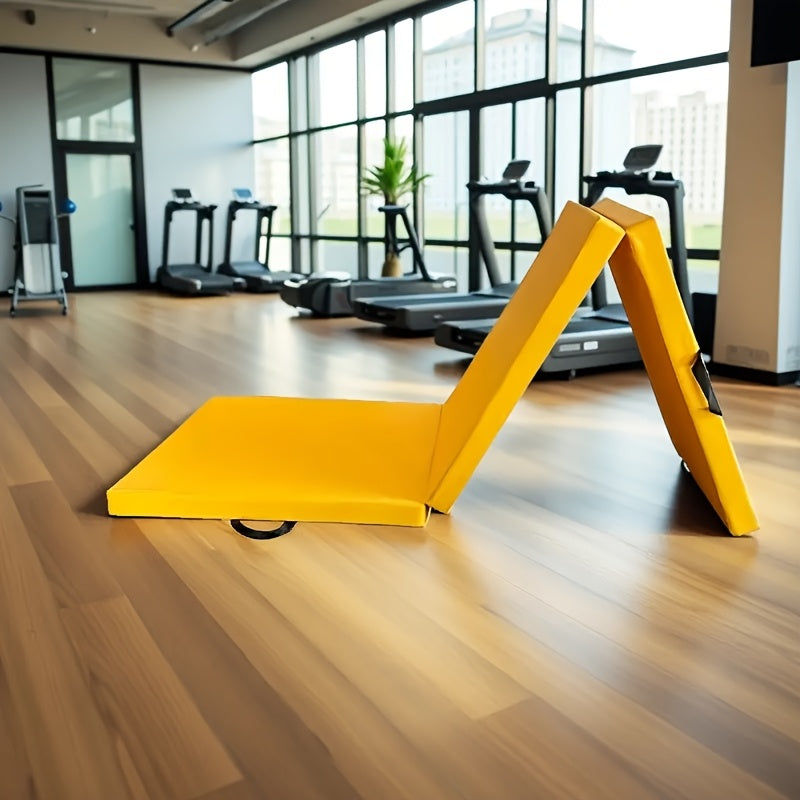 Portable tri-fold yoga mat with thick padding, non-slip PU surface, and handle