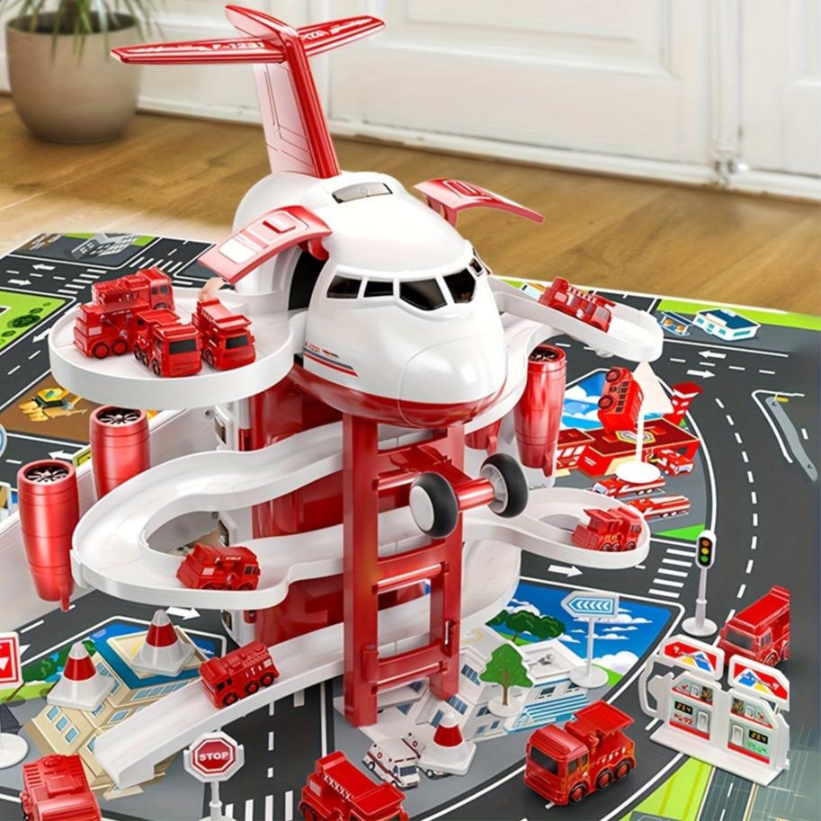 AdventurePlay Aeroplane & Fire Engines Playset - Race Track and Garage for Children