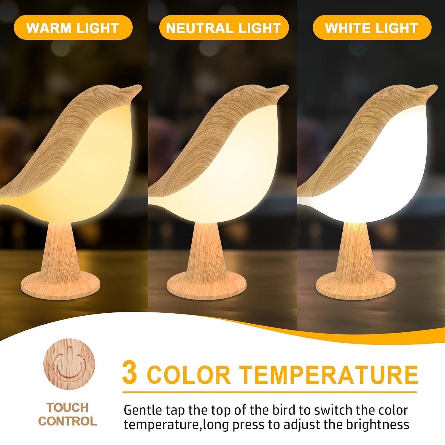 LED Bird Lamp with Aroma Diffuser – USB Rechargeable Night Lamp and Reading Light with 3 Colour Temperatures