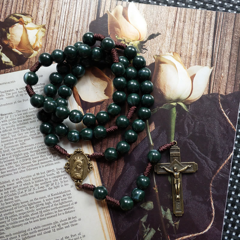 Moss Agate Saint Medal Cross Pendant Rosary Necklace – Celeste
