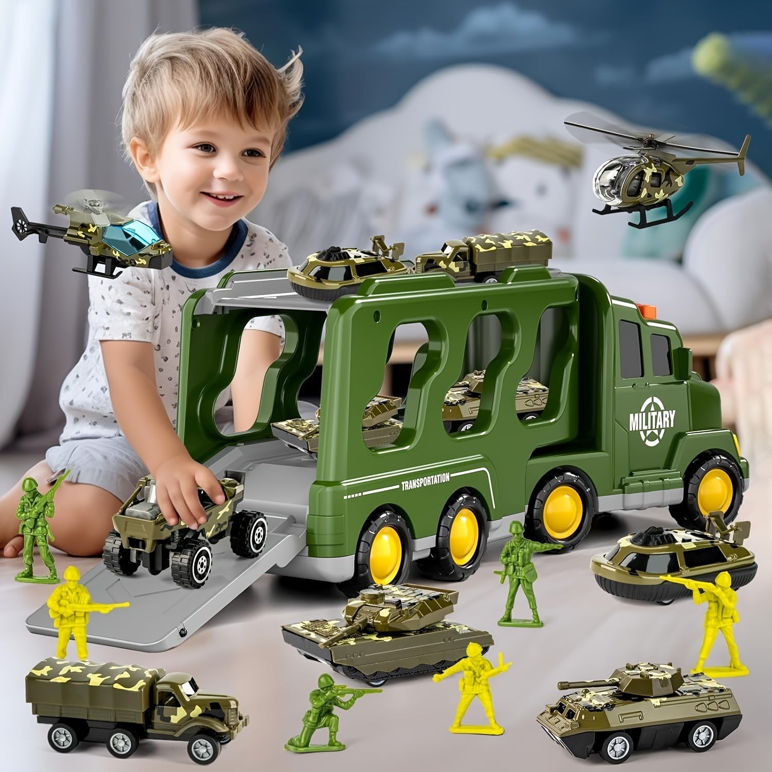 ArmyForce 14-in-1 Military Toy Set - Truck with Tanks, Soldiers and Sound Effects