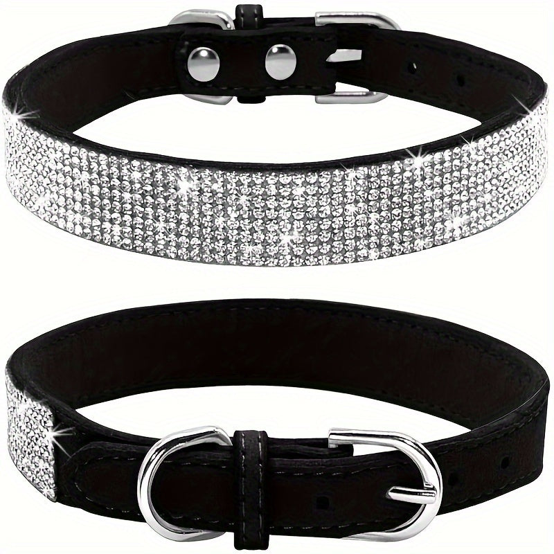 Adjustable Leather Dog Collar with Rhinestones – Strong and Durable