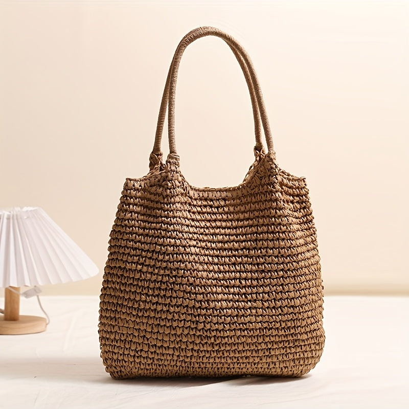Ladies Large Capacity Woven Tote Bag with Zip Closure
