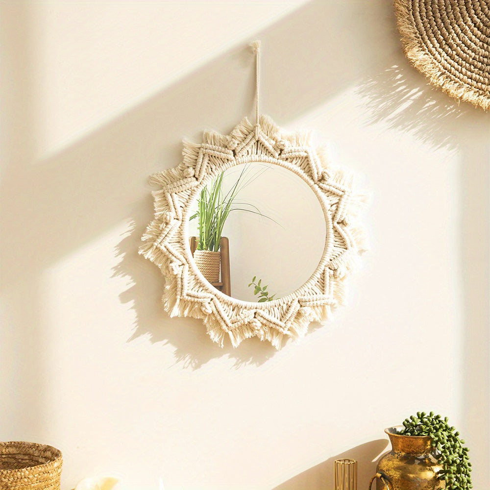 Boho Chic Wall Mirror – Round Mirror with Macramé Fringes for a Stylish Living Space