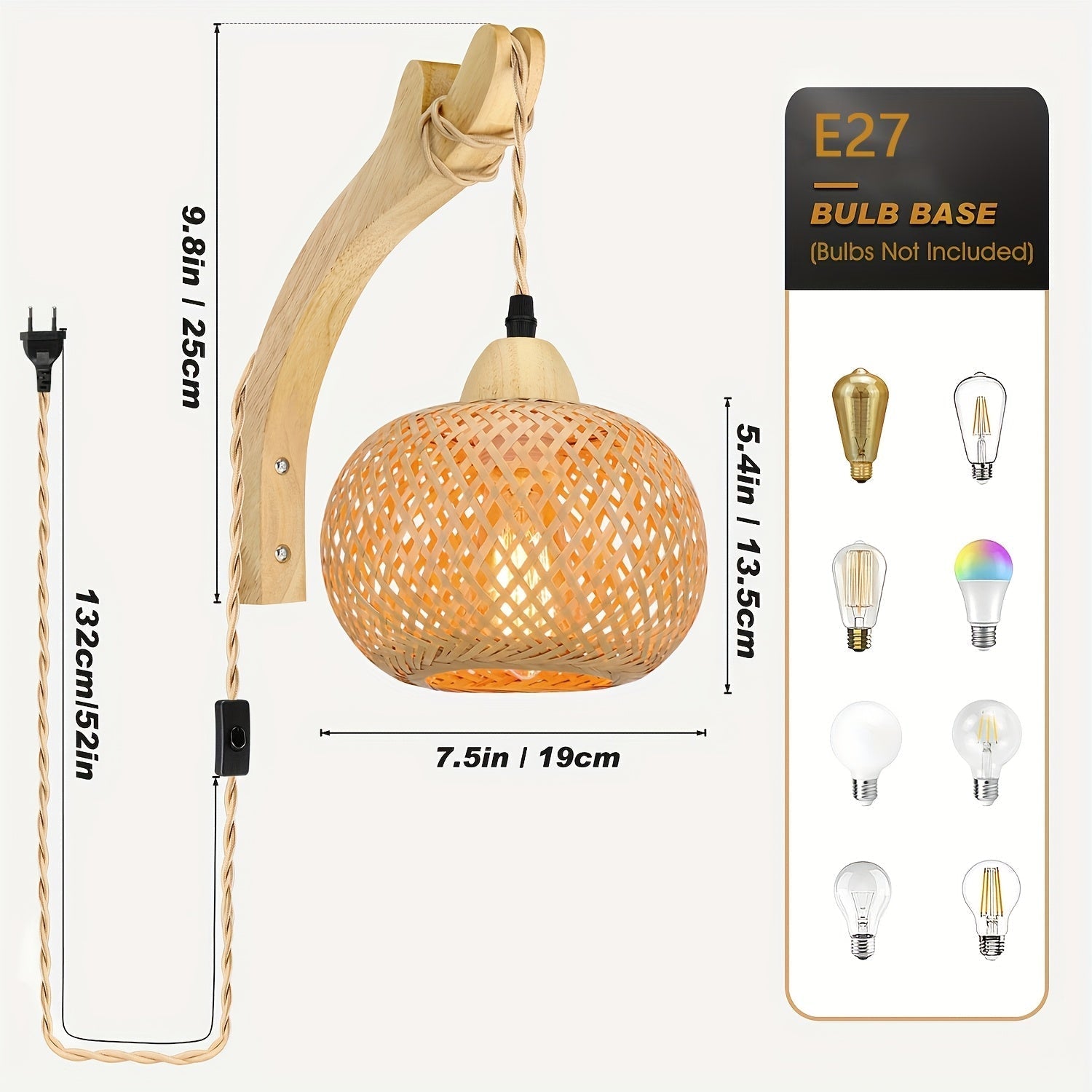 Rustic Bamboo Wall Lamp – Woven Shade with Plug Vintage Style