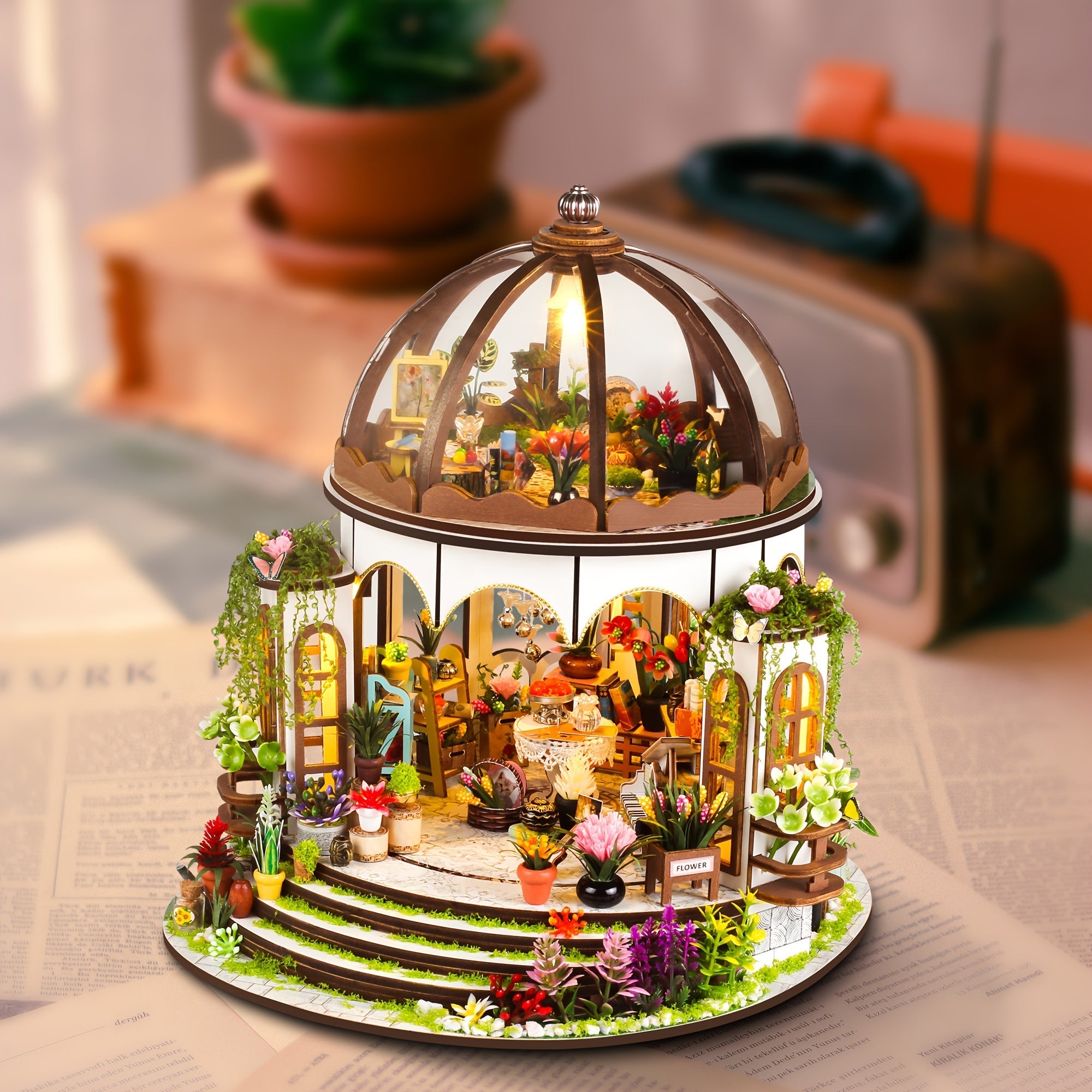 Miniature Flower House – 3D Wooden Puzzle with LED Lighting and Detailed Garden