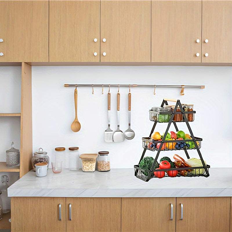 Two- and Three-Tier Storage Basket with Wooden Handle - Stylish Solution for Kitchen and Bathroom
