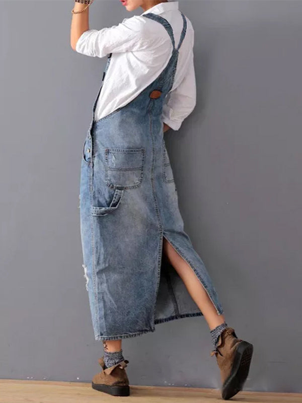 Rugslit Worn Denim Dungaree Dress