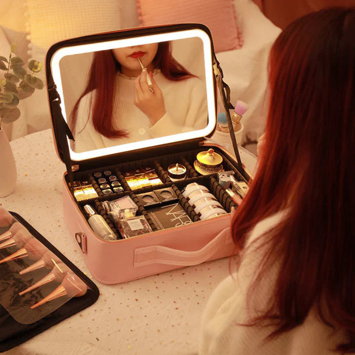 GlowLuxe LED Vanity Case | Portable beauty organizer with adjustable LED mirror for flawless