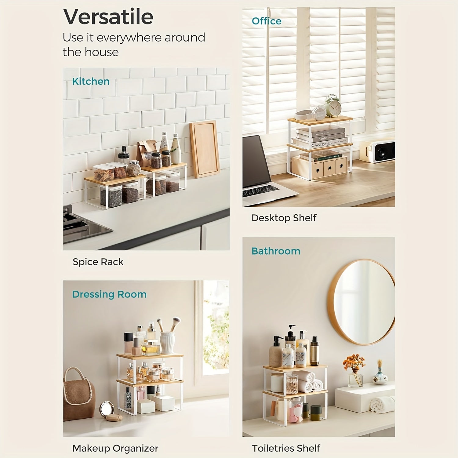 2-Piece Adjustable Bamboo Storage Racks – Stylish and Space-Saving for Cupboards or Worktops