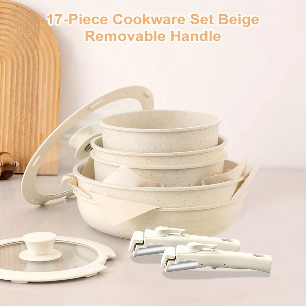 17-Piece Ceramic Cookware Set – Including Removable Handles and Deep Frying Pan