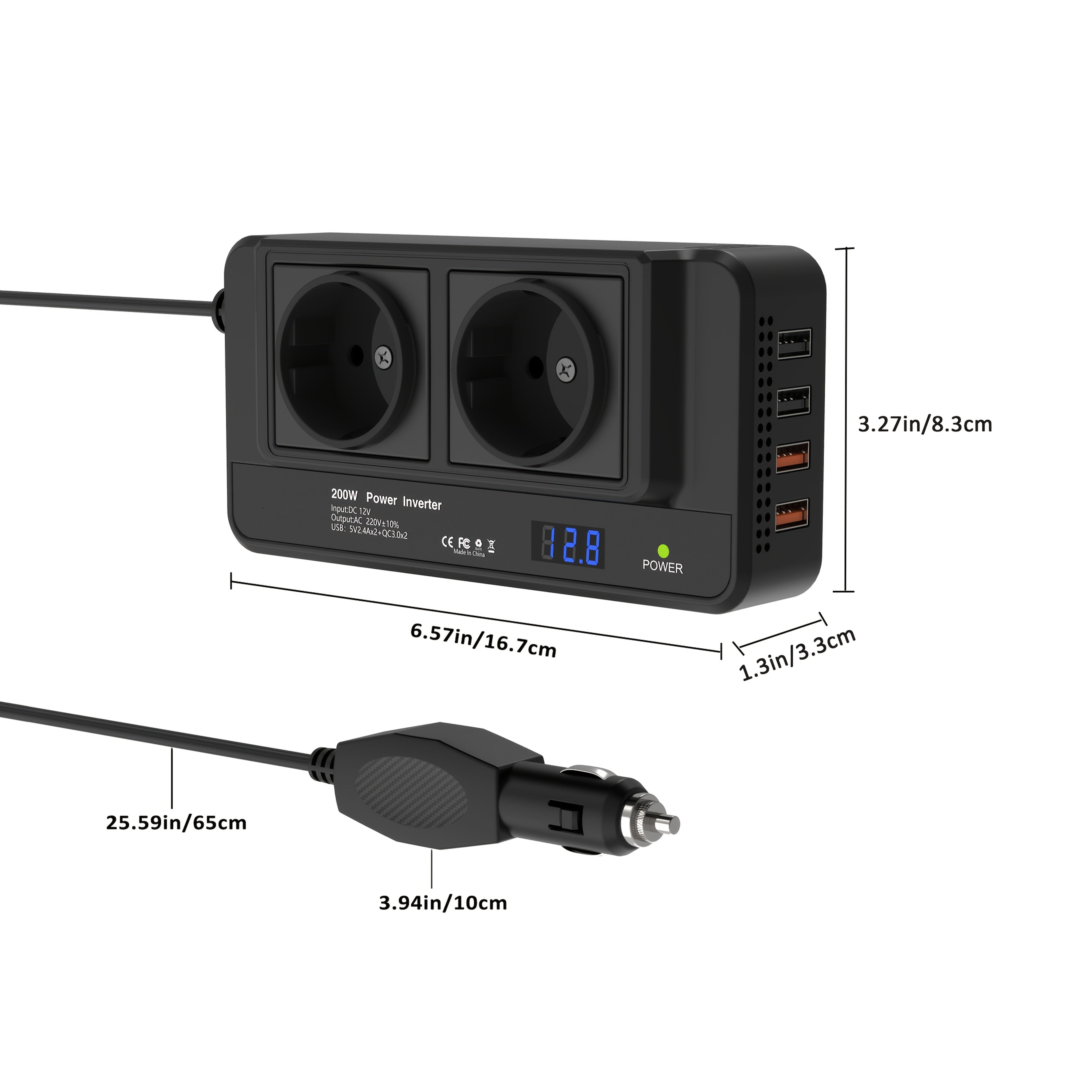 Compact 200W Car Inverter – Dual Sockets & Quad USB