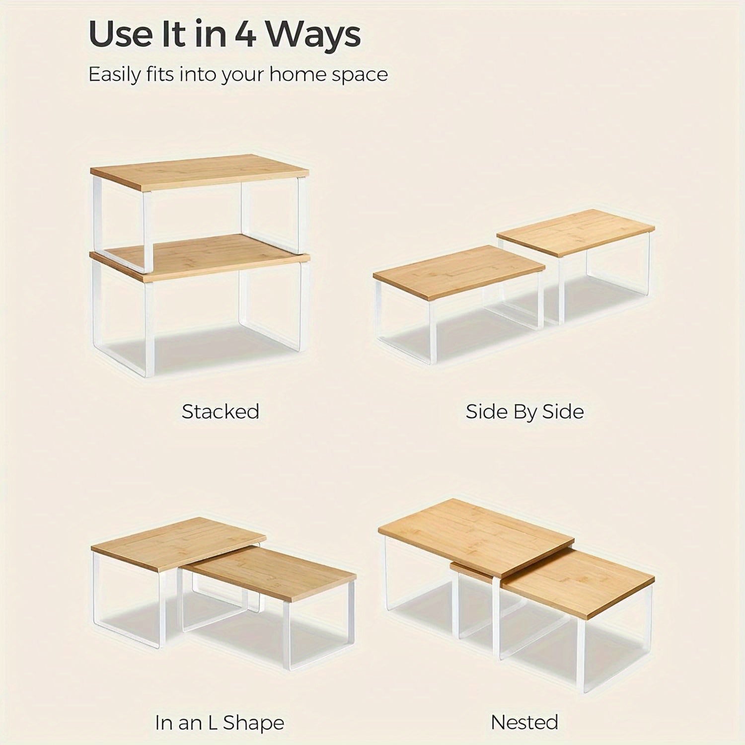 2-Piece Adjustable Bamboo Storage Racks – Stylish and Space-Saving for Cupboards or Worktops