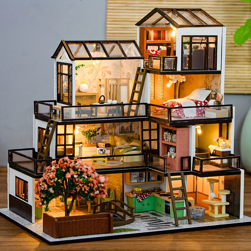 Miniature Villa 3D Puzzle Kit – Handmade Model with LED Lighting and Detailed Interior